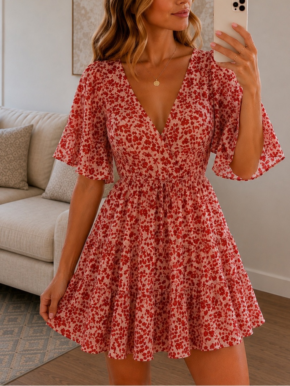 NWT Red Floral Tie-Back Mini Dress with Puff Sleeves